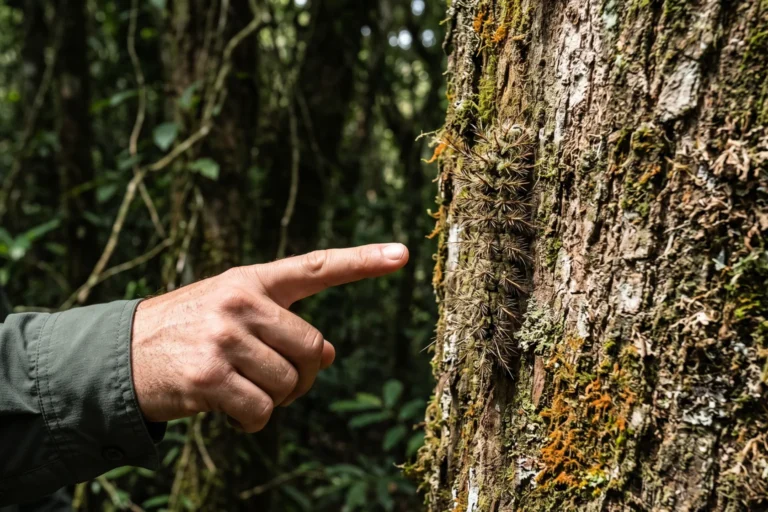 Mão apontando para uma taturana camuflada no tronco de uma árvore, sem encostar (imagem ilustrativa gerada por IA)