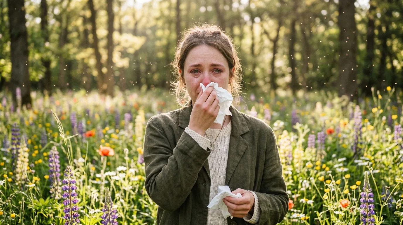 Mulher com rinite alérgica assoando o nariz com lenço num campo florido na primavera, com pólen no ar