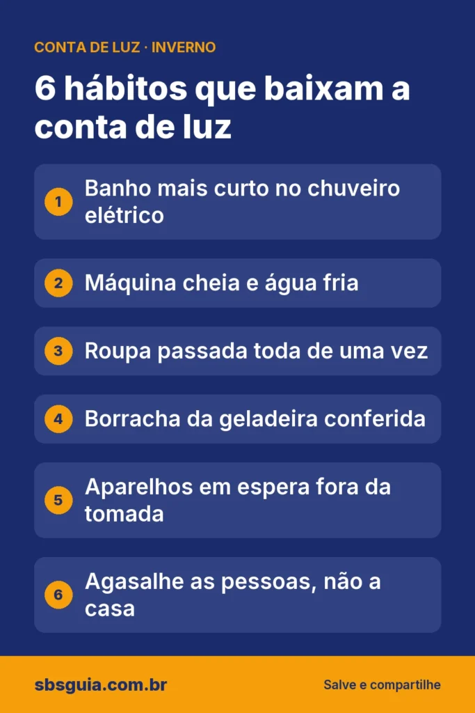6 hábitos que baixam a conta de luz: Banho mais curto no chuveiro elétrico; Máquina cheia e água fria; Roupa passada toda de uma vez; Borracha da geladeira conferida; Aparelhos em espera fora da tomada; Agasalhe as pessoas, não a casa.