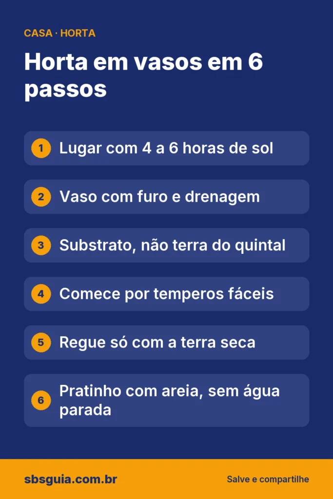 Horta em vasos em 6 passos: Lugar com 4 a 6 horas de sol; Vaso com furo e drenagem; Substrato, não terra do quintal; Comece por temperos fáceis; Regue só com a terra seca; Pratinho com areia, sem água parada.