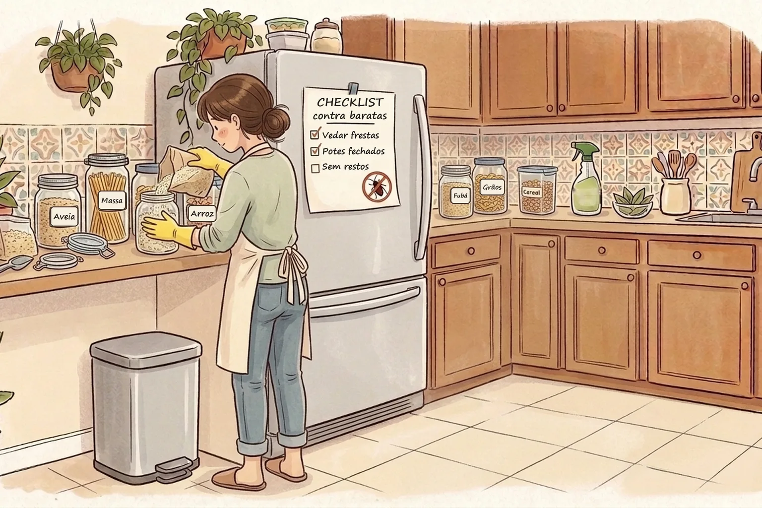 Ilustração de uma mulher guardando alimentos em potes fechados na cozinha, com checklist contra baratas na geladeira e lixeira com tampa (imagem ilustrativa gerada por IA)