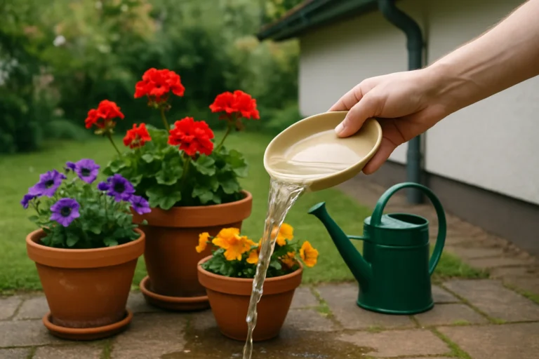 Mão jogando fora a água acumulada no pratinho de um vaso de flores no quintal, com regador e calha da casa ao fundo