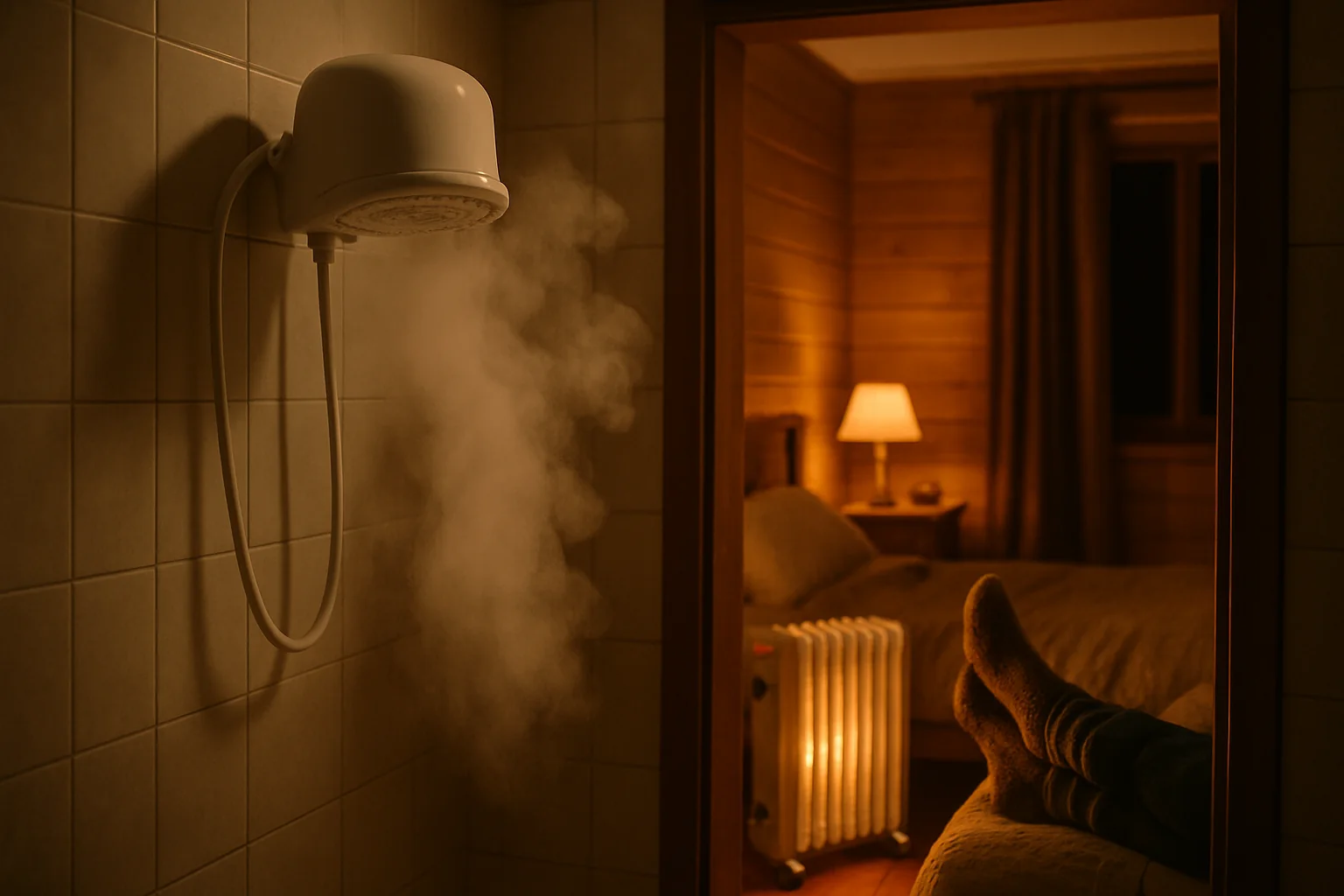 Chuveiro elétrico soltando vapor no banheiro e, no quarto ao lado, aquecedor a óleo e pés com meias de lã numa noite de inverno