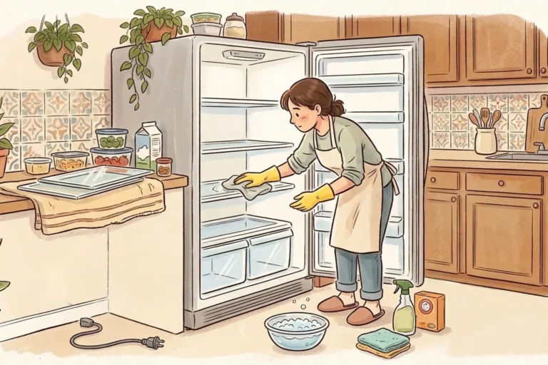 Ilustração de uma mulher limpando a geladeira desligada da tomada, com as portas abertas (imagem ilustrativa gerada por IA)