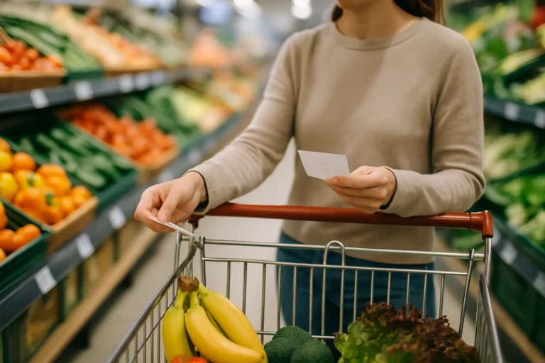 Pessoa com lista de compras na mão empurrando carrinho com frutas e verduras no corredor de hortifrúti do mercado