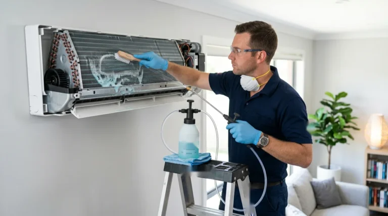 Técnico de luvas fazendo a higienização do evaporador de um ar-condicionado split na parede da sala