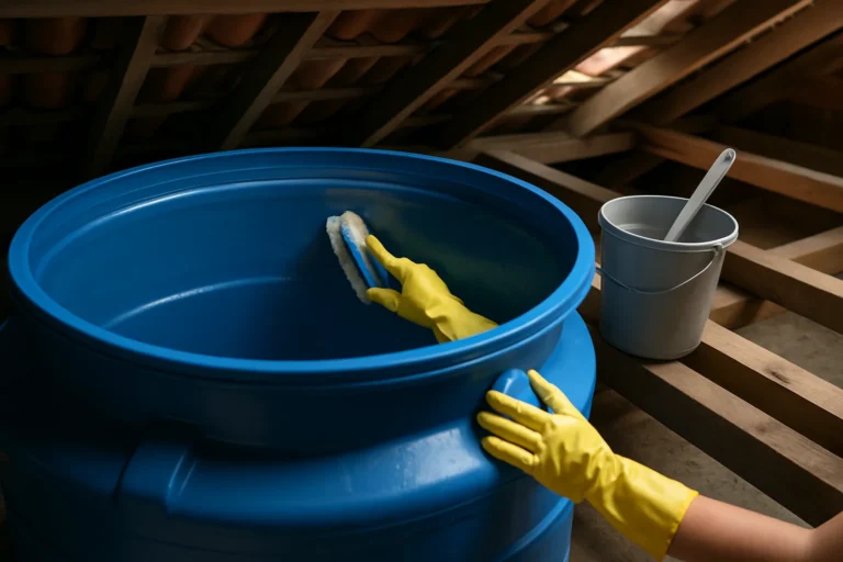 Mãos com luvas de borracha esfregando com escova macia a parede interna de uma caixa d'água azul aberta no forro da casa, com balde e caneca ao lado