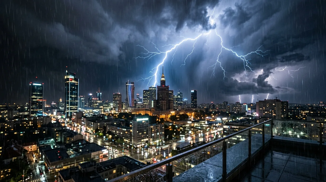 Temporal com raios e chuva forte sobre a cidade à noite, visto de uma sacada molhada