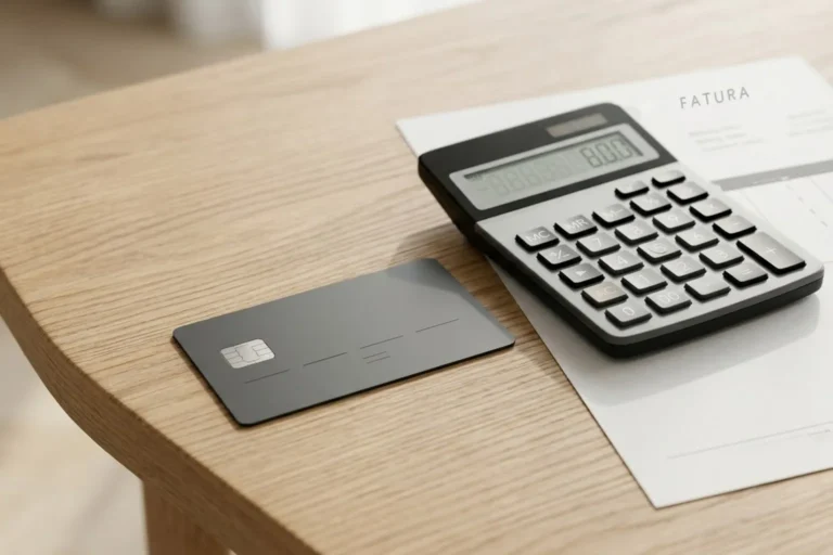 Cartão de crédito ao lado de uma calculadora e de uma fatura sobre a mesa de madeira (imagem ilustrativa gerada por IA)