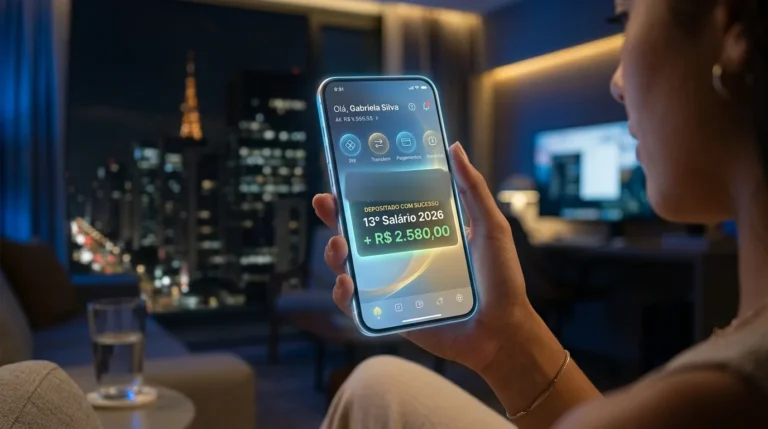 Pessoa olhando no celular a notificação de depósito do 13º salário de 2026