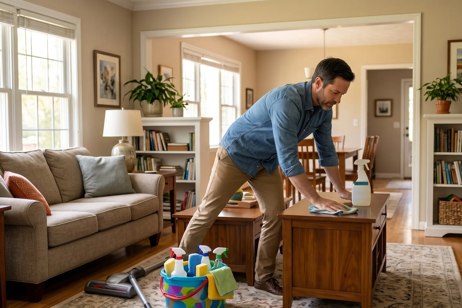 Homem limpando os móveis da sala com pano e borrifador, balde de produtos e aspirador no tapete, faxina de primavera (imagem ilustrativa gerada por IA)