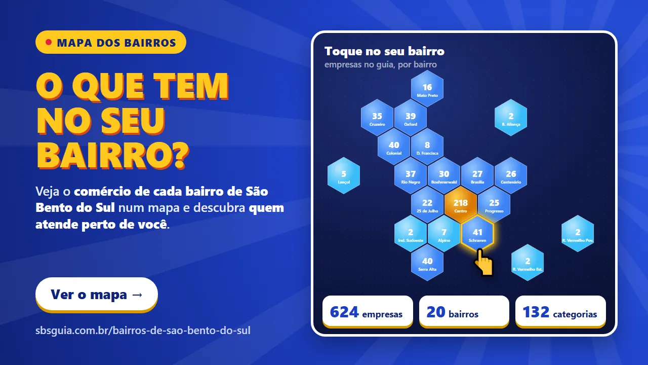 Mapa dos Bairros: veja o comércio de cada bairro de São Bento do Sul num mapa e descubra quem atende perto de você