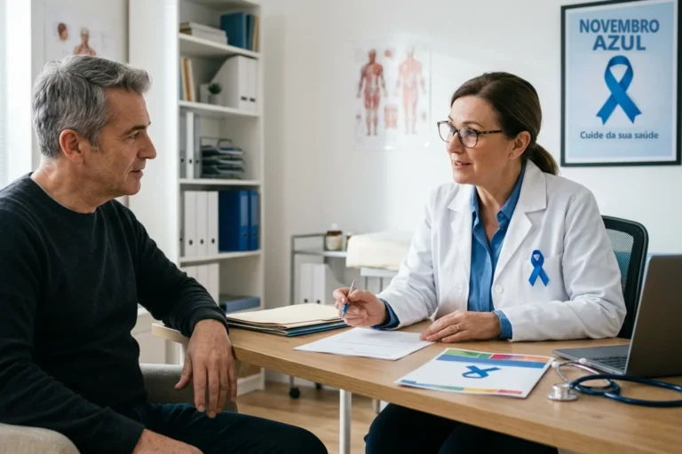 Homem conversa com a médica no consultório, com cartaz do Novembro Azul e laço azul no jaleco (imagem ilustrativa gerada por IA)
