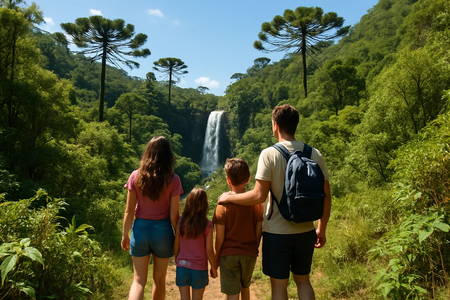 Família caminha por trilha de mata com araucárias em direção a uma cachoeira, num dia de verão na serra